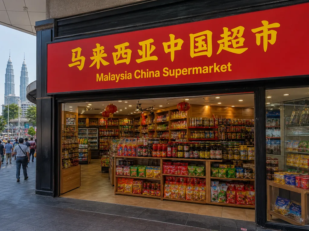 马来西亚中国超市门店外观,货架上摆满中国进口食品